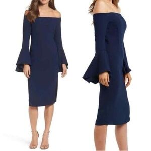 Bardot Solange off-the-shoulder bell sleeve midi dress in navy